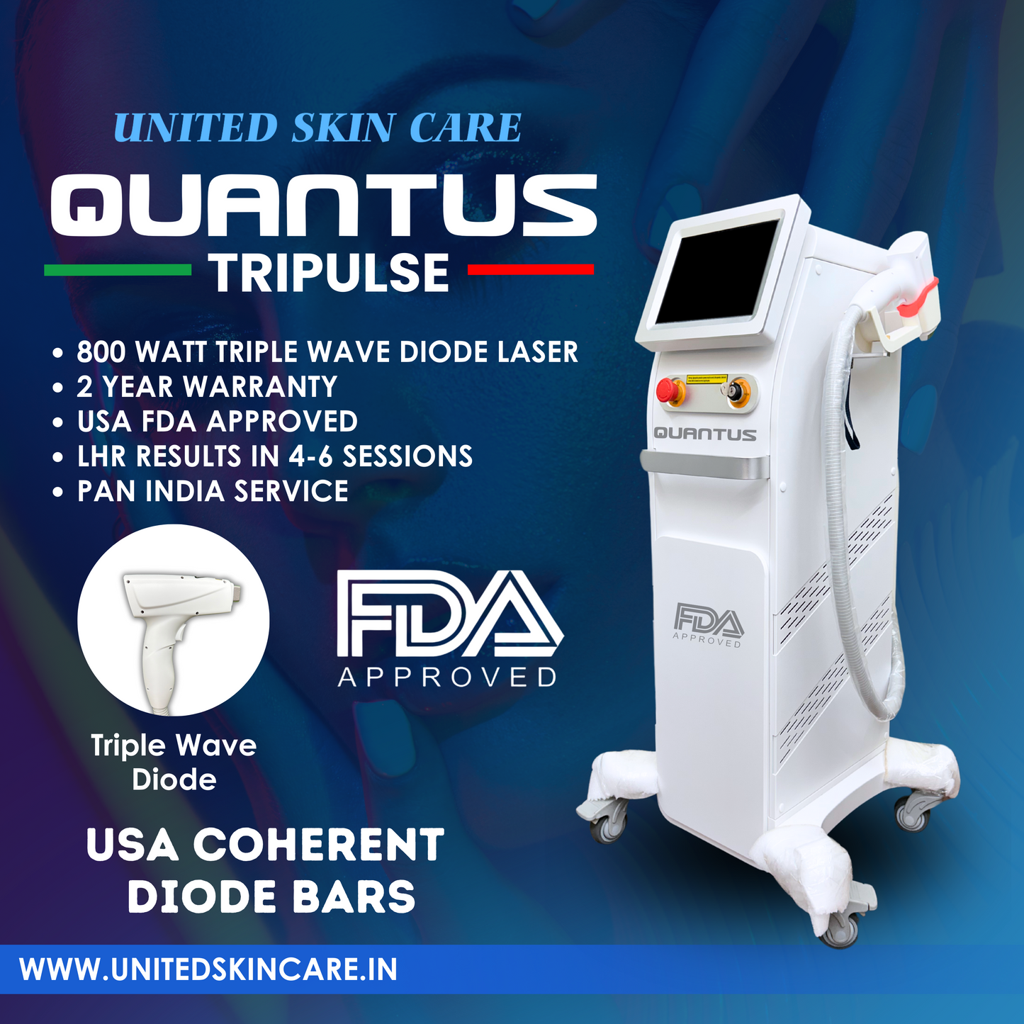 Quantus Tripulse FDA approved 800w Triple wave Verical Diode Laser With Hyper Cooling Technology. FDA/CE Approved Medical Laser 3 wavelength 755nm 808nm 1064nm Diode Laser Hair Removal Machines
