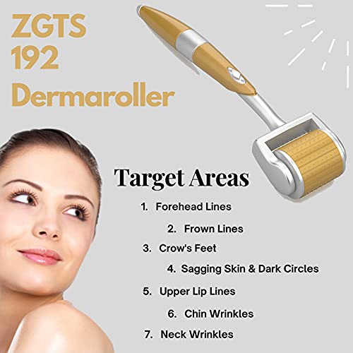ZGTS Hair Regrowth Derma Roller System 192 Needles Titanium Alloy Needles Roller for Acne Skin Hair Loss, Gold plated.