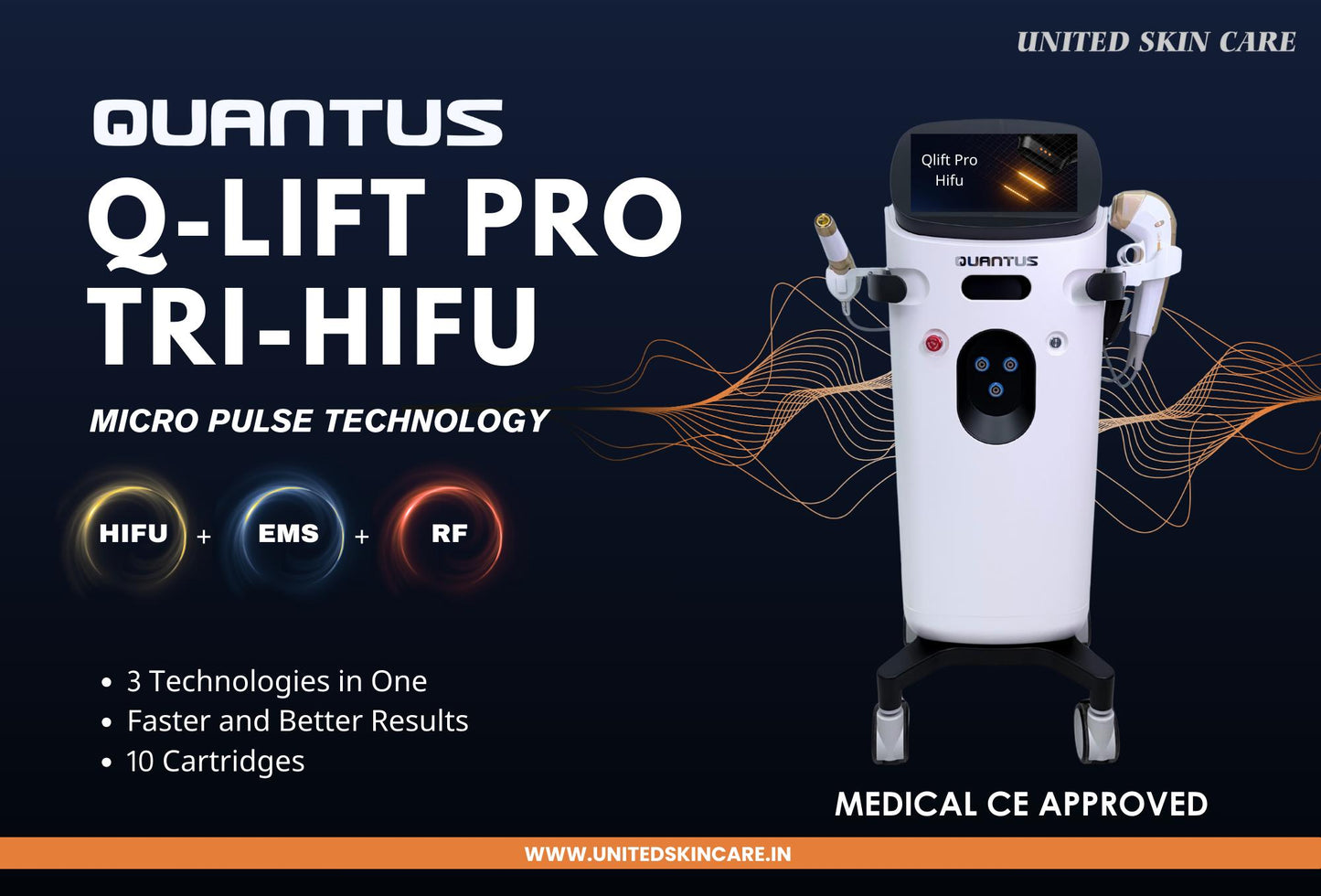 Quantus Q-Lift Pro Tri-HIFU | High Intensity Focused Ultrasound, Radio Frequency, EMS | 10 Cartridges