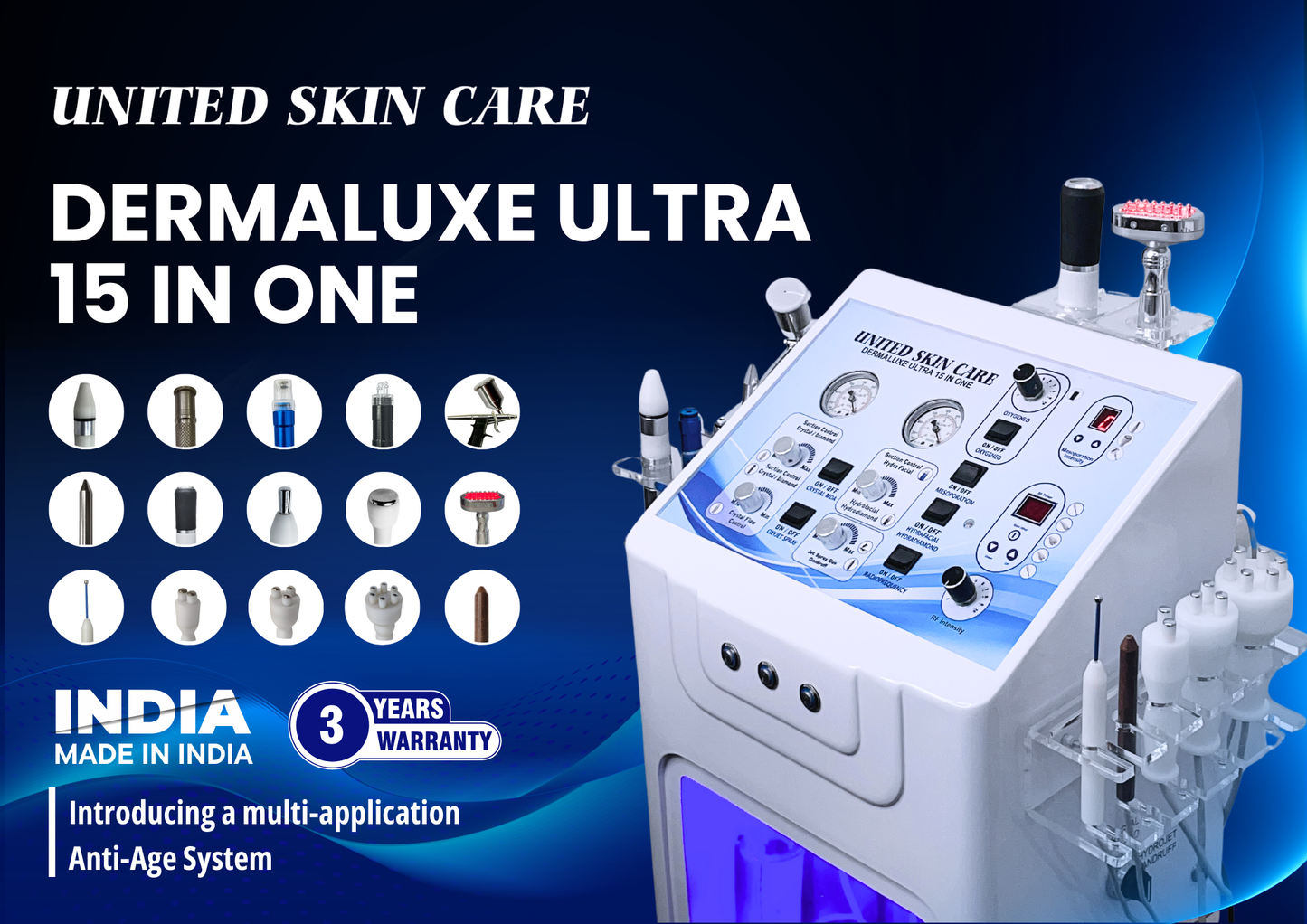 Dermaluxe Ultra Hydrofacial 15 in One | 3 Year Warranty | Made in India | Hydro Facial Dermabrasion Radio Frequency Meso Electroporation Oxygeneo