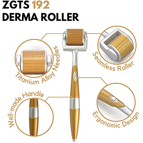 ZGTS Hair Regrowth Derma Roller System 192 Needles Titanium Alloy Needles Roller for Acne Skin Hair Loss, Gold plated.