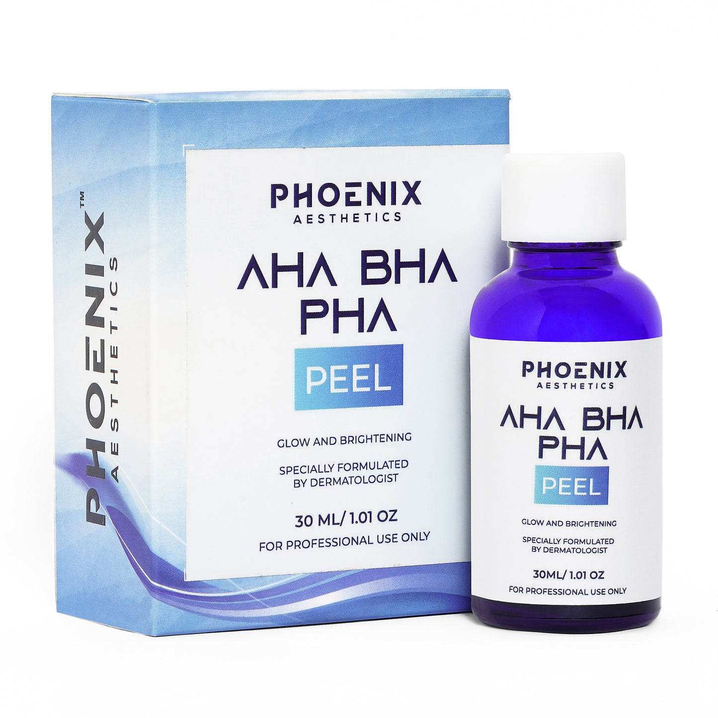 Phoenix Aesthetics AHA BHA PHA Peel packaging and bottle on a white background
