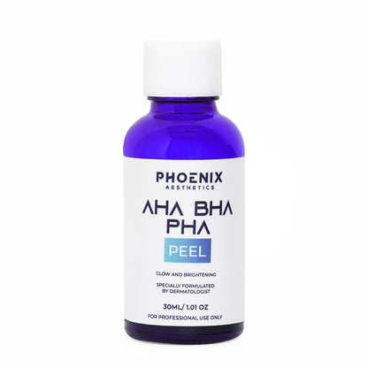 Bottle of Phoenix Aesthetics AHA BHA PHA Peel on a white background