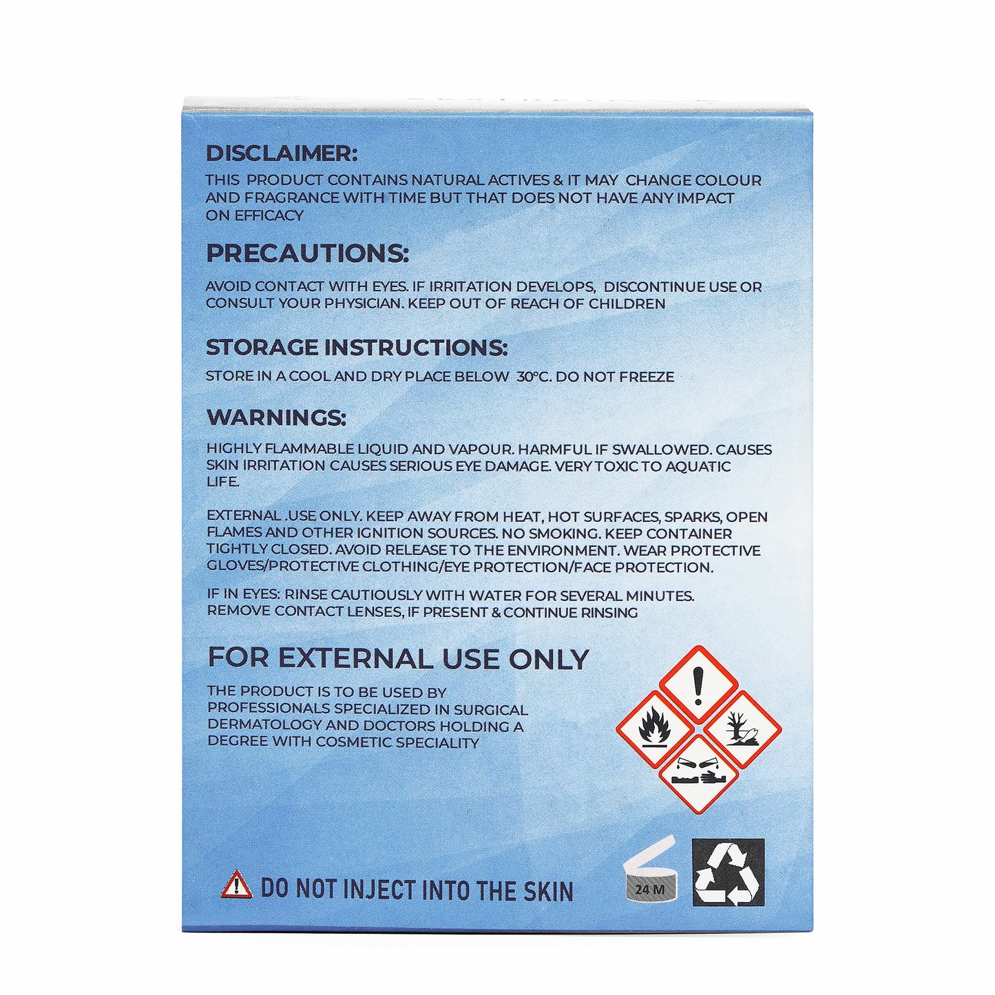 Product packaging with blue background and text, including warnings and storage instructions for AHA BHA PHA Chemical Peel.