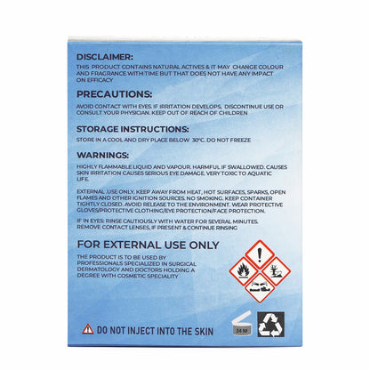 Product packaging with blue background and text, including warnings and storage instructions for AHA BHA PHA Chemical Peel.