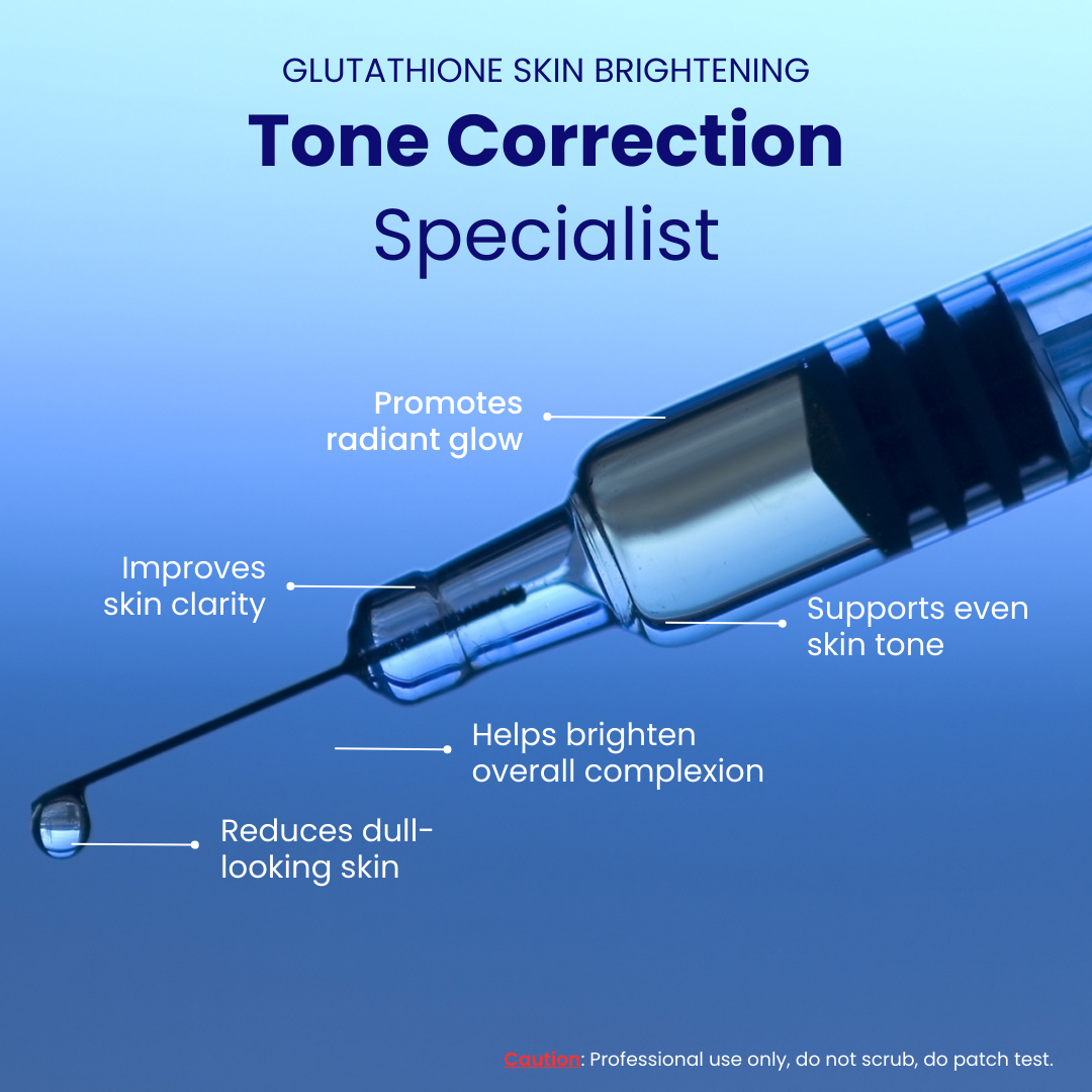 Illustration of a glutathione skin brightening product with text on a blue background