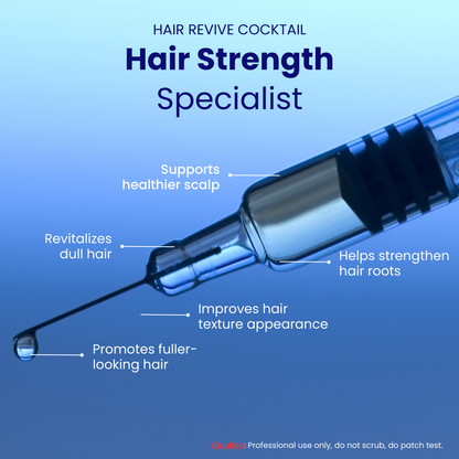 Syringe labeled 'Hair Strength Specialist' with text on a blue background