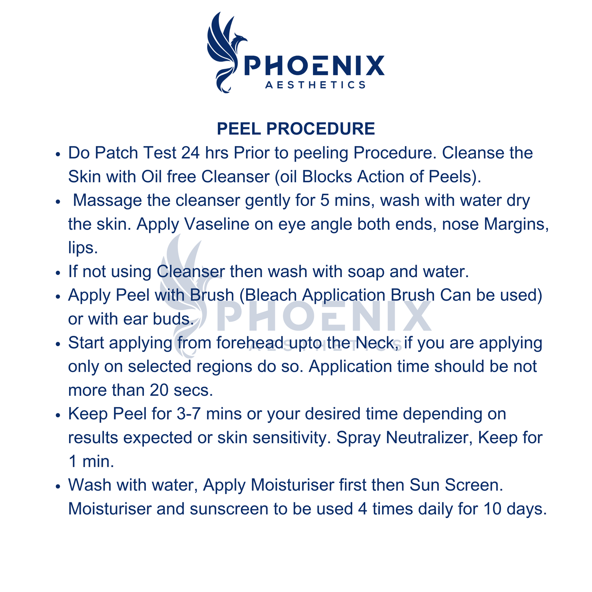 Phoenix Aesthetics peel procedure instructions on a white background