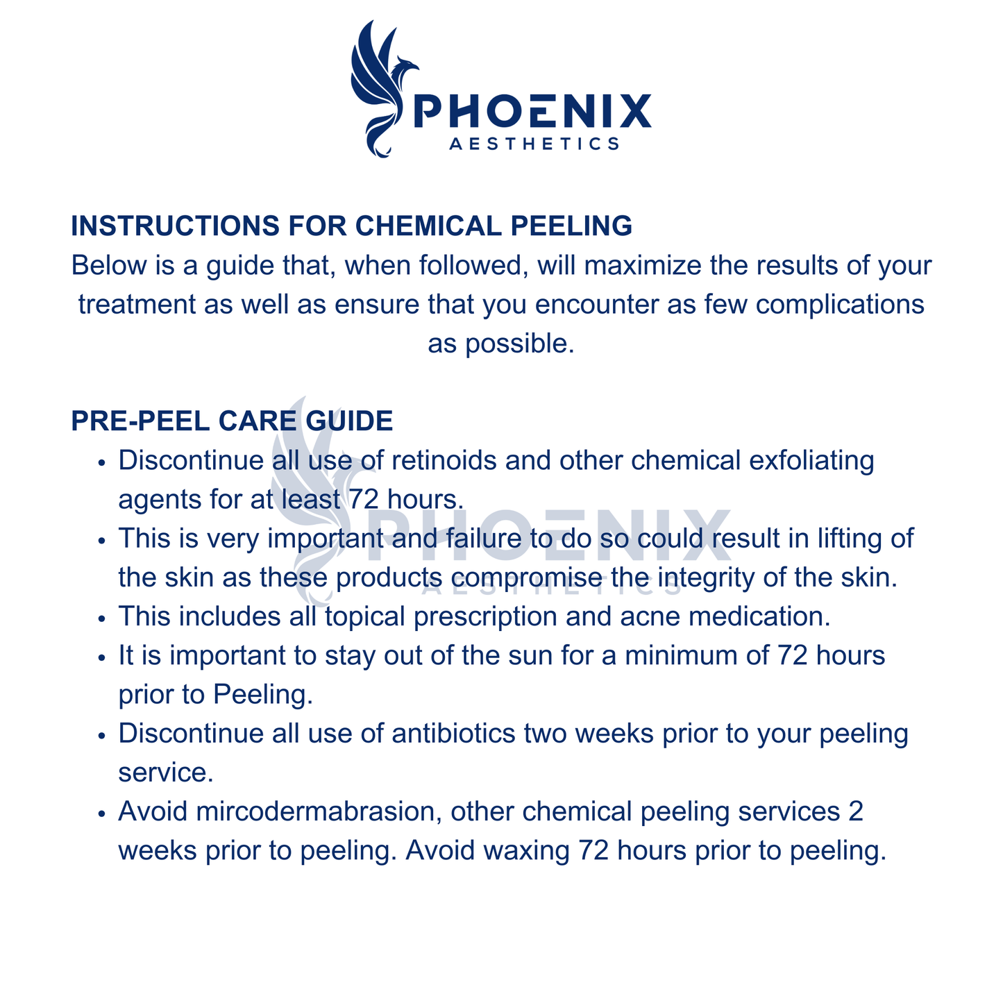 Phoenix Aesthetics chemical peeling care guide on a white background