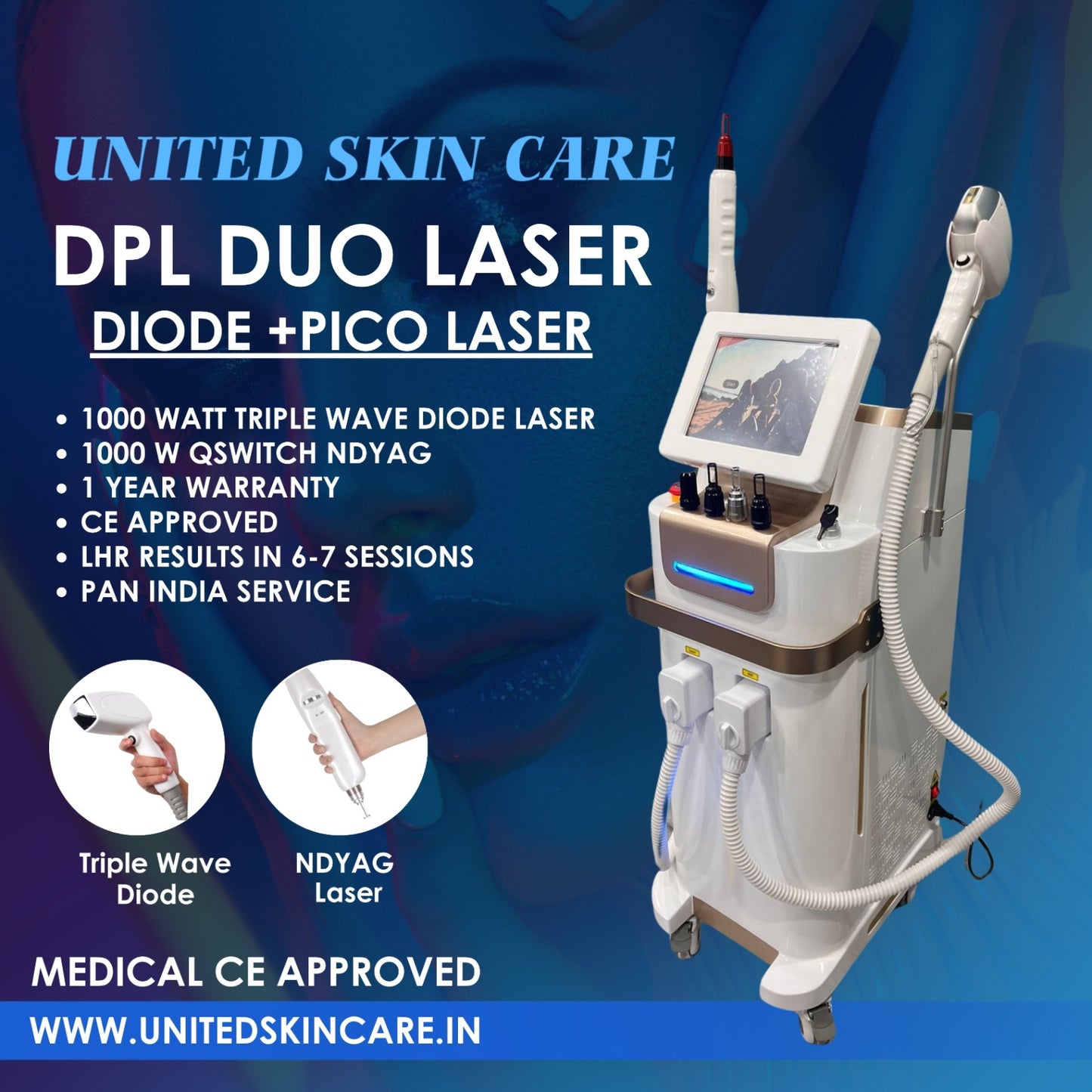 DPL Duo Laser | Diode + Pico Laser | 1000 Watt Triple Wave Diode Laser | CE Approved | 1000 Watt QSwitch NdYAG Laser